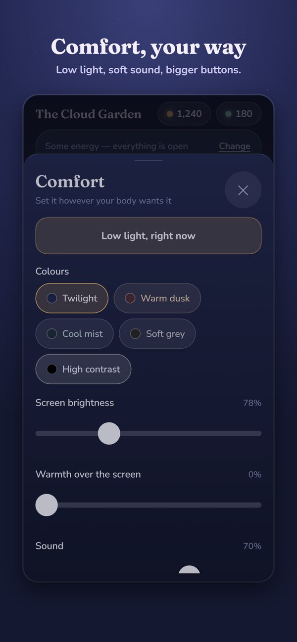 The Comfort panel: low light, colour themes, brightness, warmth and sound.